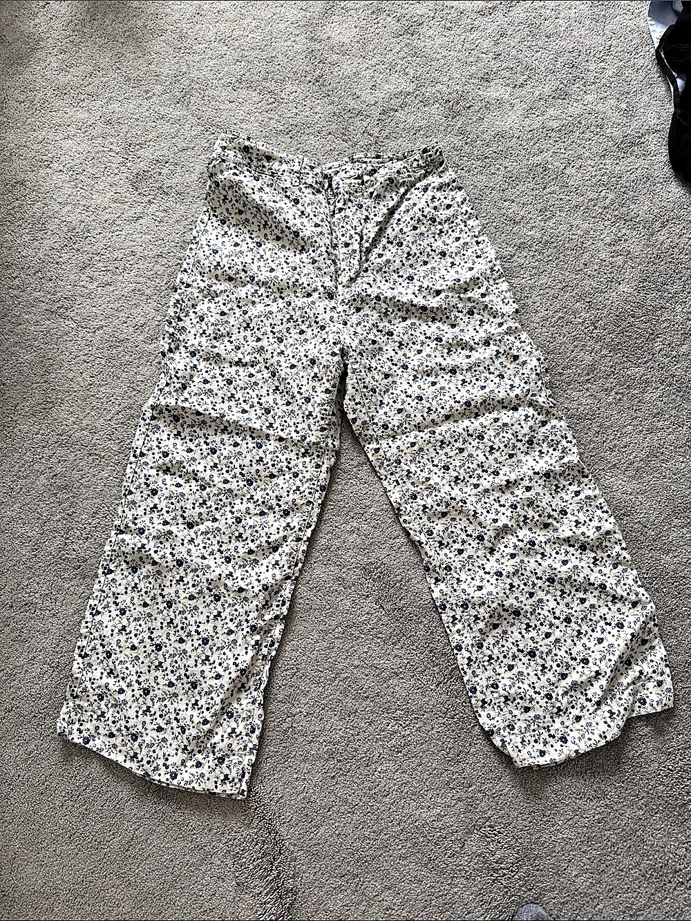 Mango Floral Wide Leg Pants in White & Blue Size 8